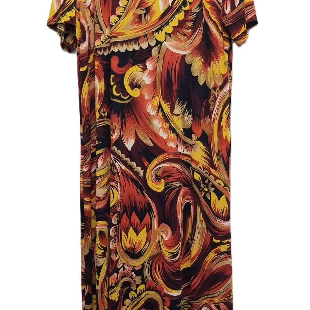 NEW JoStar Orange/Tan/Brown/Black Paisley Slinky Short Sleeve Long Dress